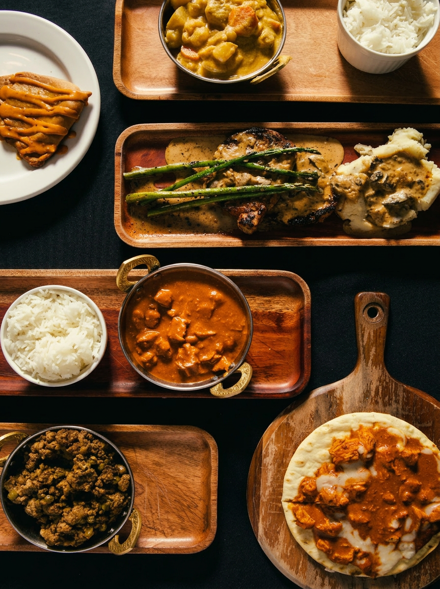 Houston food photography of an Indian cuisine spread with curries, rice and naan for a restaurant menu