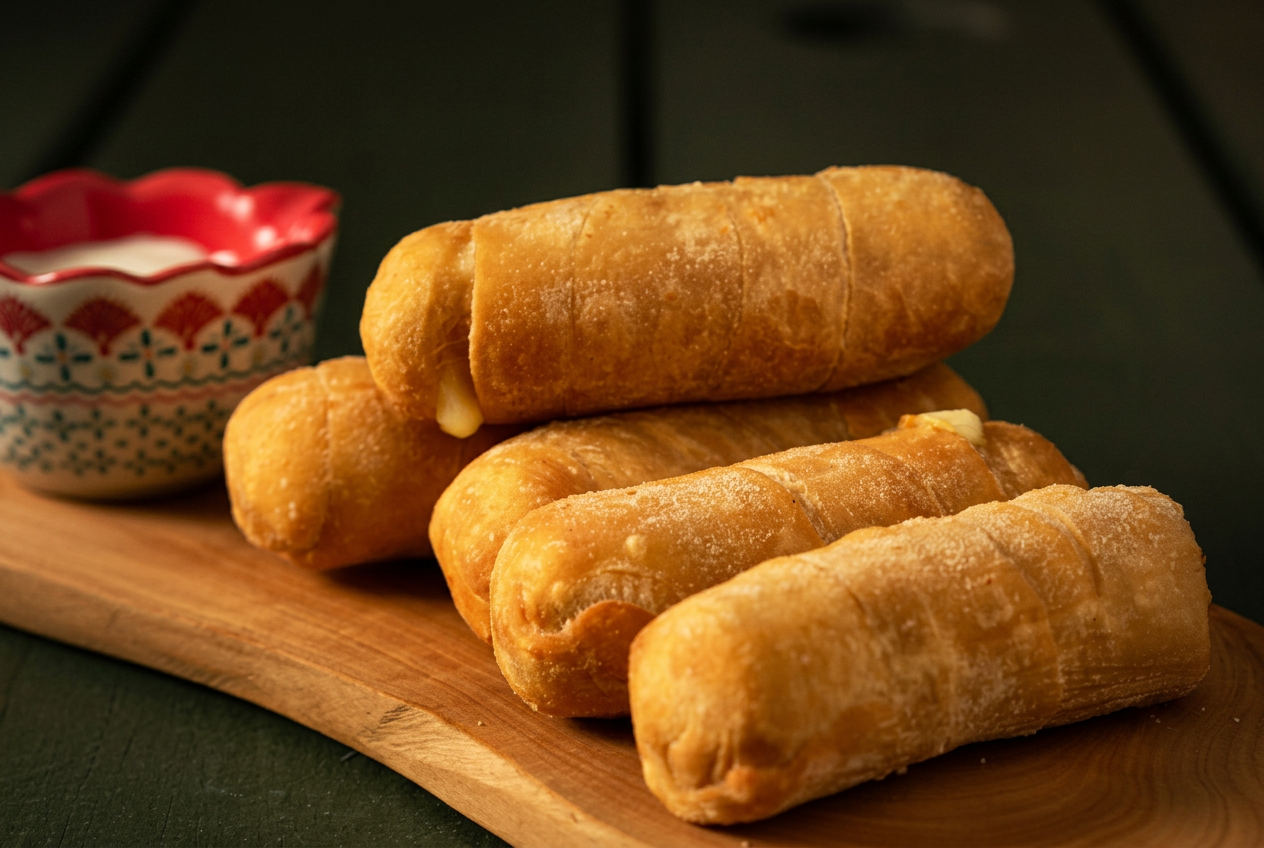 Houston food photographer image of golden tequeños on a wooden board for a restaurant menu