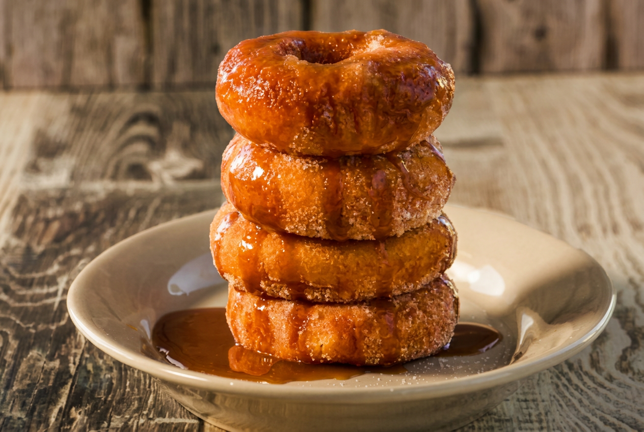 Food photography Houston of stacked glazed donuts with caramel drizzle for a bakery brand