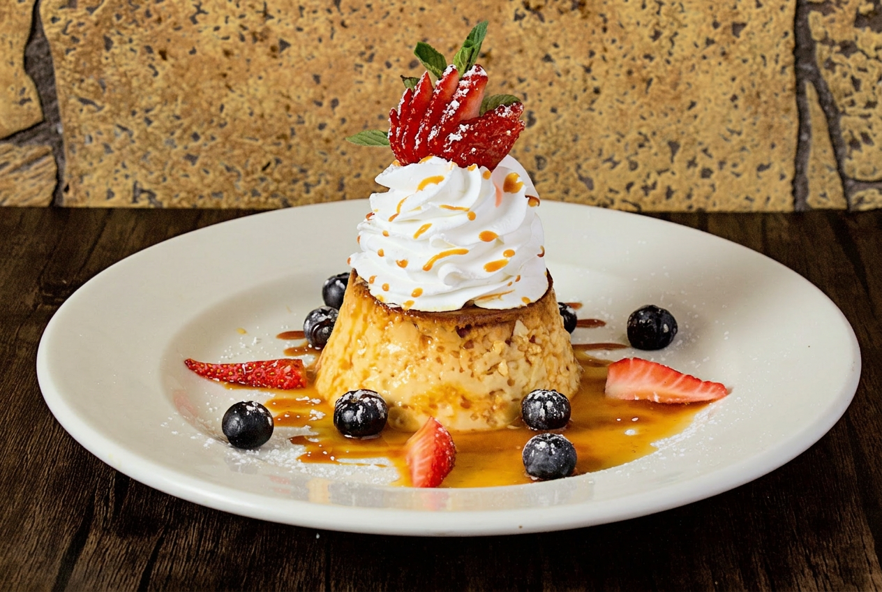 Food content creator photo of creamy flan dessert with berries for a Houston restaurant