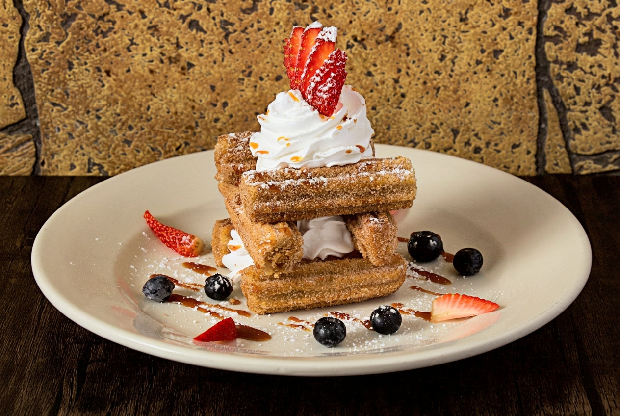 Houston food photography of cinnamon churros plated with berries and cream for a dessert menu