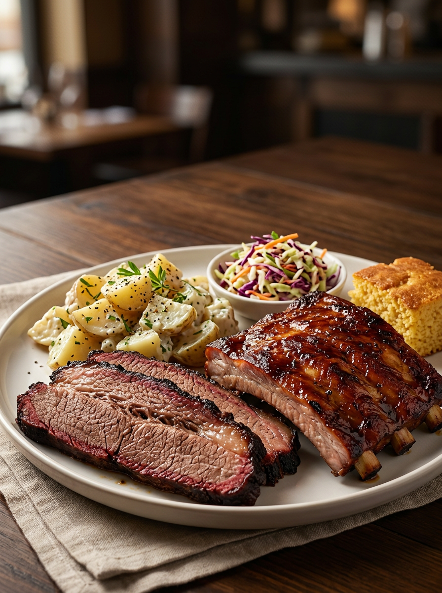 Texas barbecue food photography Houston of brisket, ribs, slaw and cornbread platter