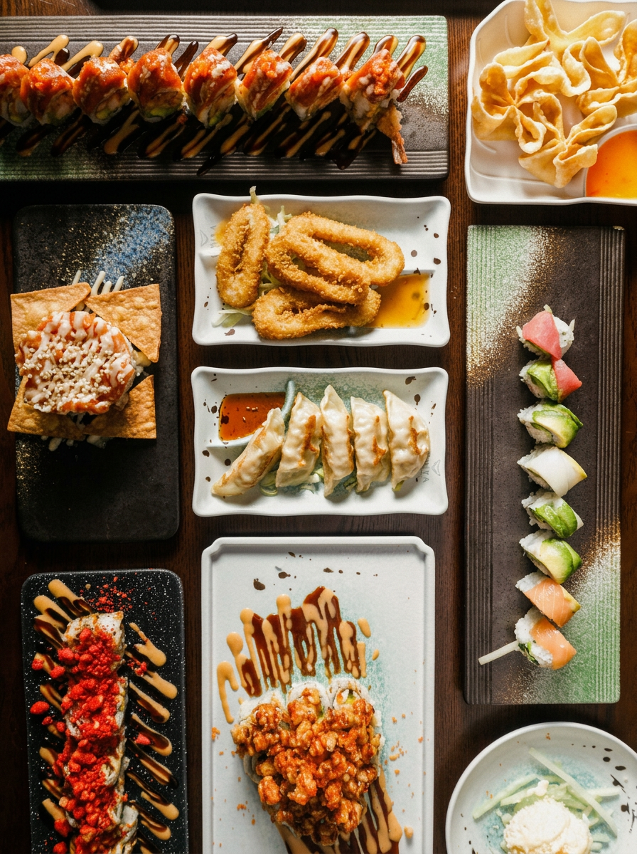 Houston food photographer overhead shot of a sushi and appetizer spread for a restaurant
